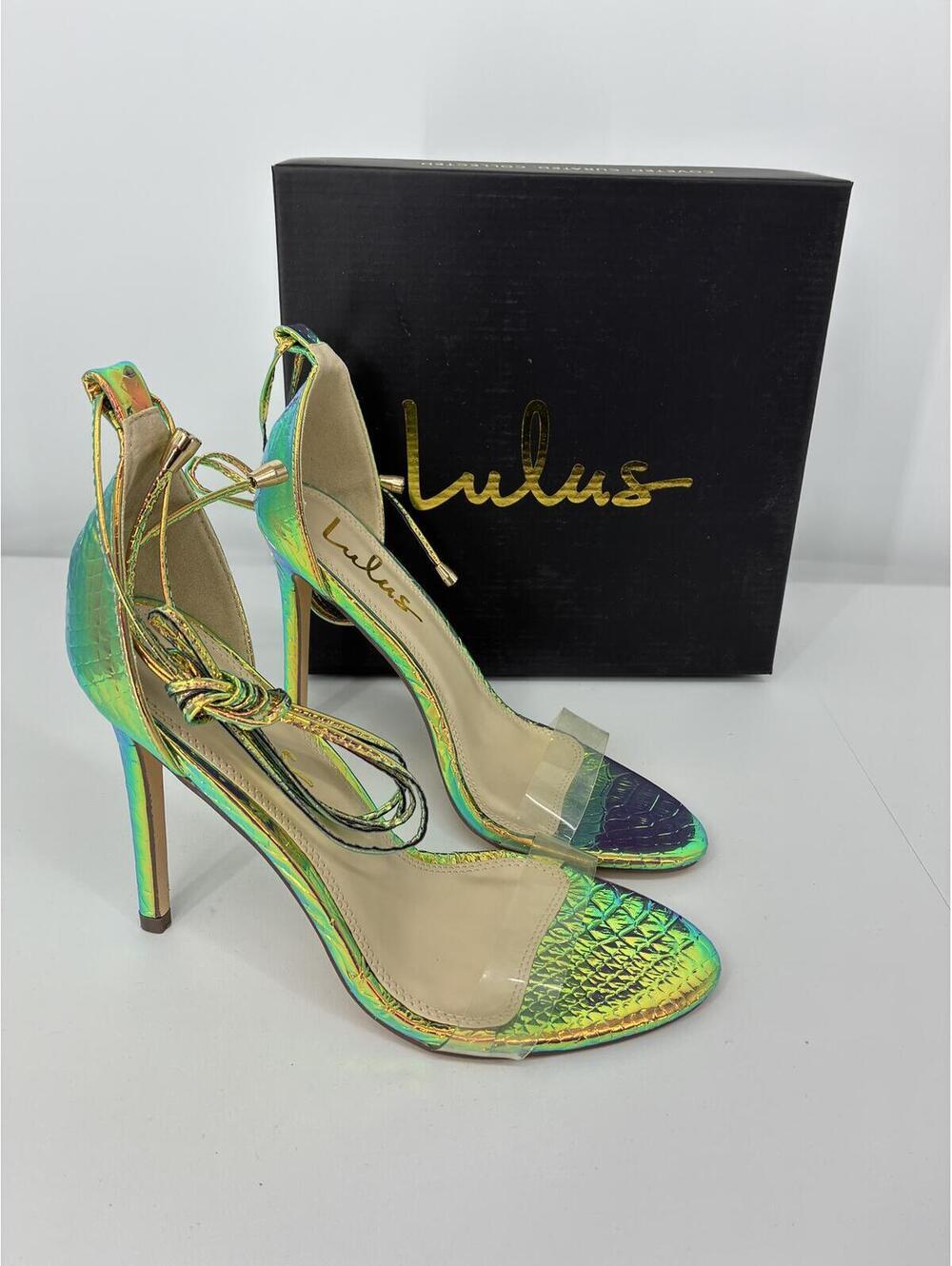 Lulus Ledah Hologram Snake High Heel Sandals with Clear Strap Size 6.5 M
